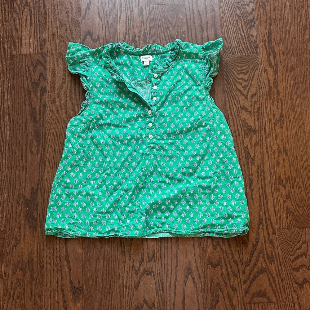 J.Crew Green Blue Block Print Cotton Gauze Ruffle Henley Flutter Sleeve Top M